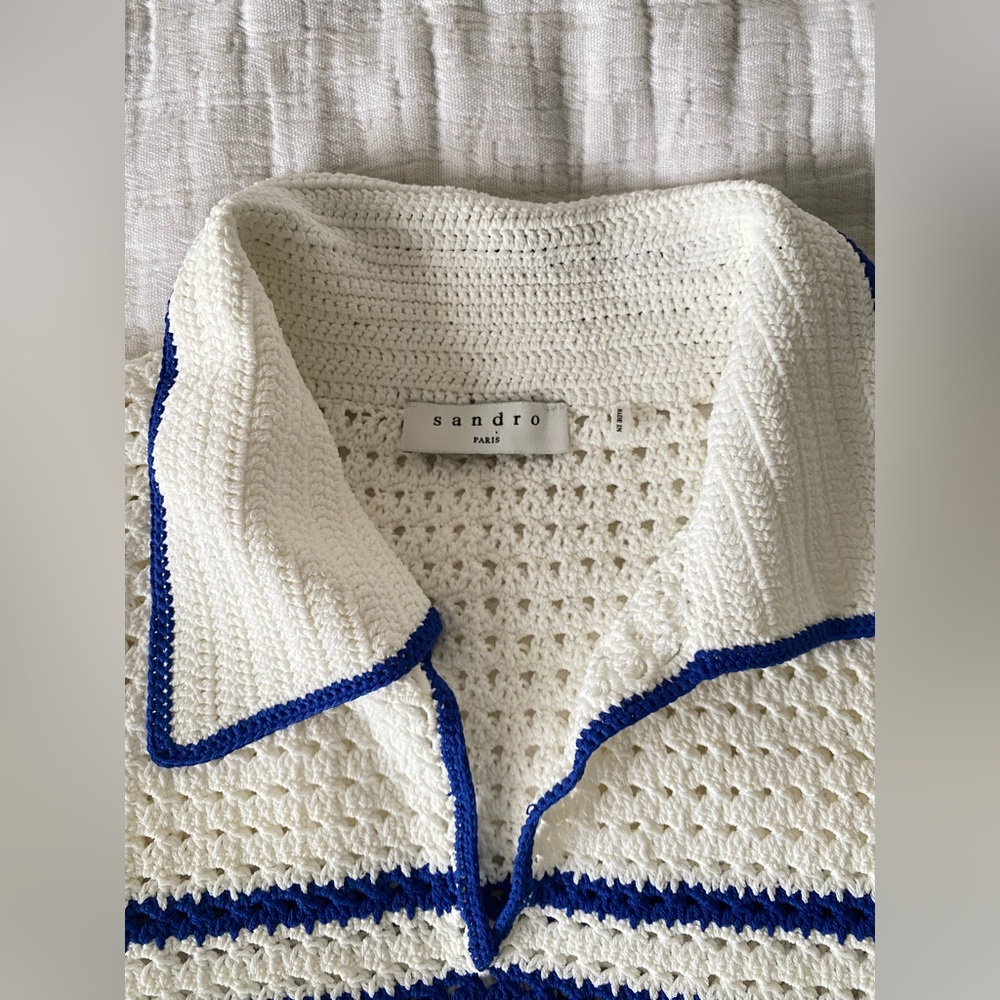 SANDRO Elise Stripe Crochet Cropped White Navy V-Neck Sweater Size Eu2/usM - Picture 6 of 12